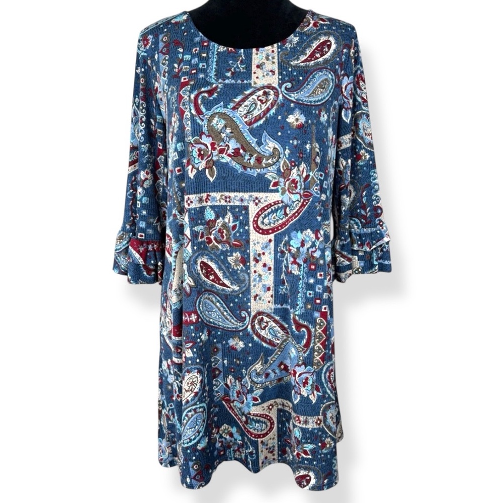 Honeyme Blue‎ Paisley Dress Womens Size M Stretch 3/4 Tiered Ruffle Sleeves